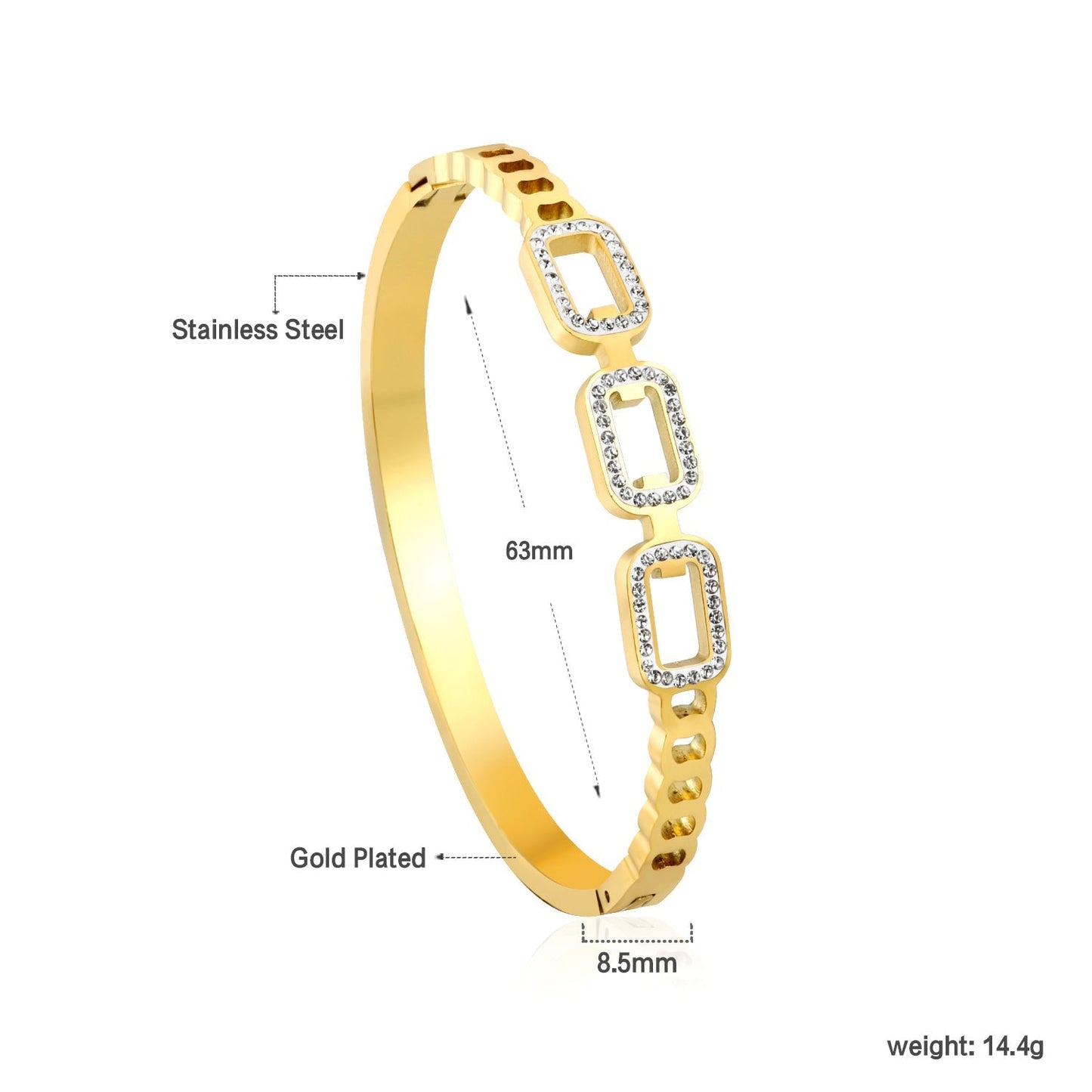 rigid square bracelet with three strands of small diamonds