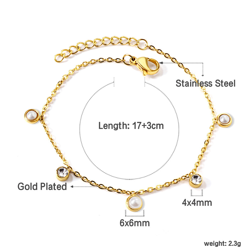 3 round white half pearls + 2 cylindrical white diamonds bracelet