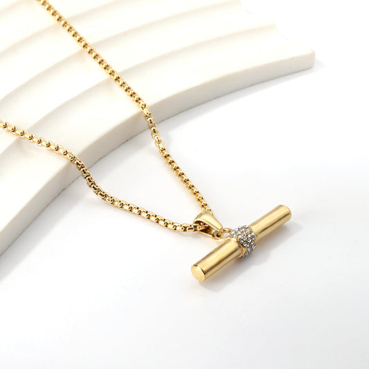 Wooden stick pendant necklace with zirconia
