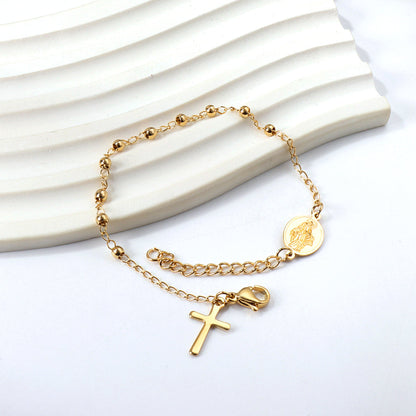 1 oval with portrait + 10 steel beads + cross charm bracelet