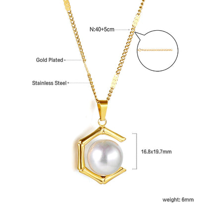 Pentagonal + white pearl pendant necklace
