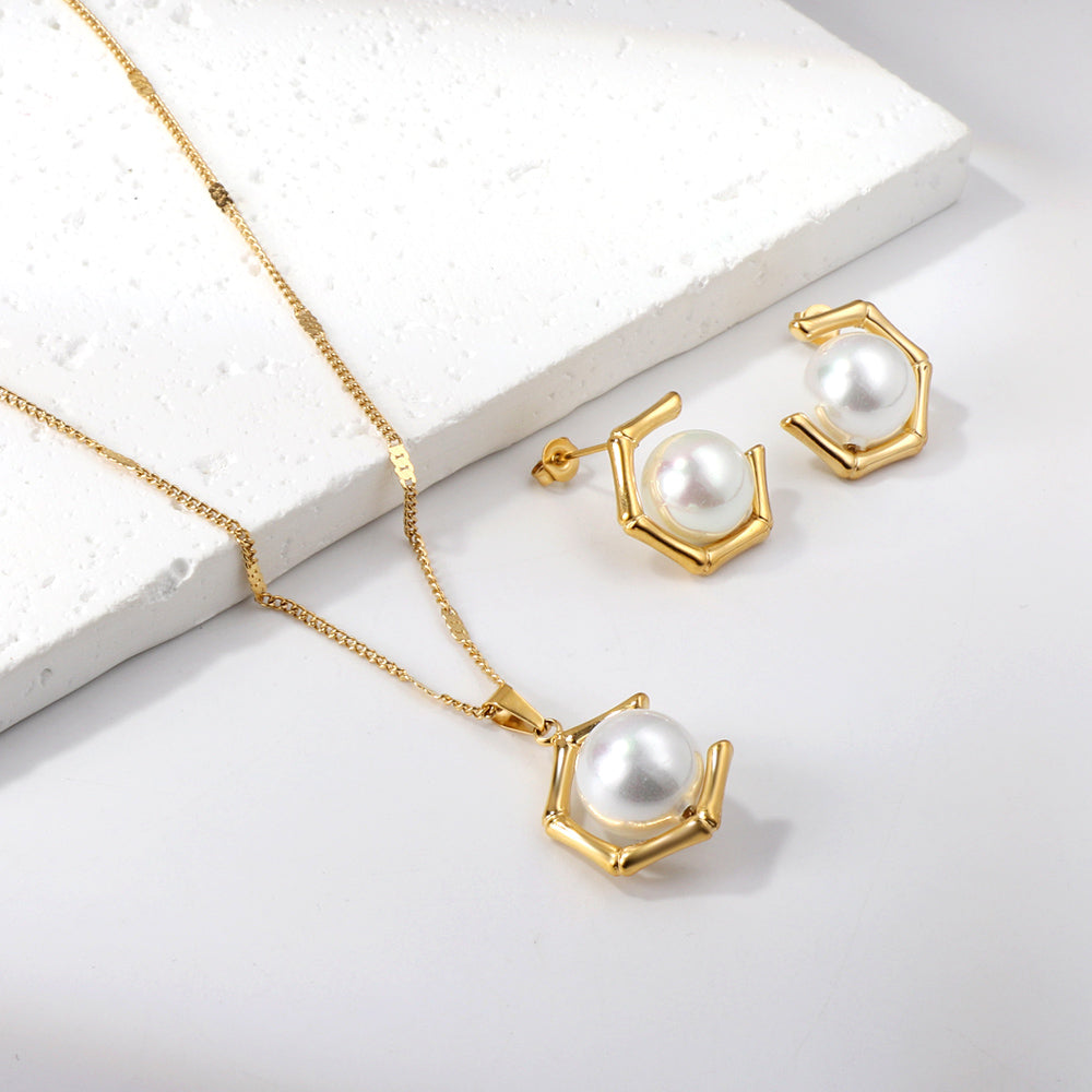 pentagonal + white pearl pendant necklace