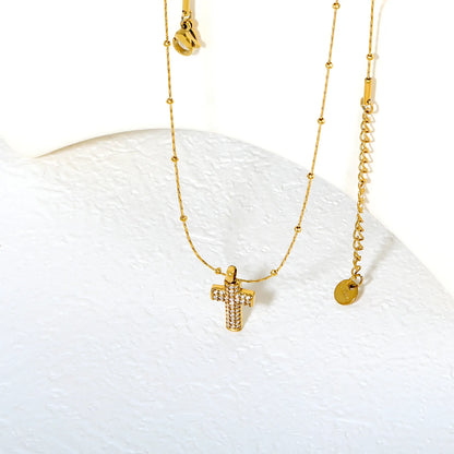 Gold Stainless Steel CNC Zirconia Cross Necklace