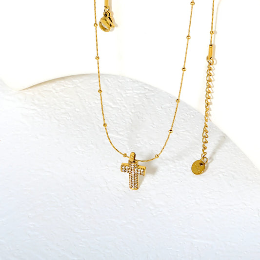 Gold Stainless Steel CNC Zirconia Cross Necklace