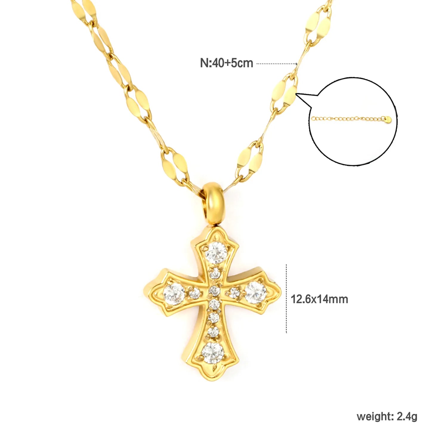 gold stainless steel cnc zirconia cross necklace