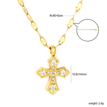 Gold Stainless Steel CNC Zirconia Cross Necklace