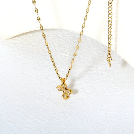Gold Stainless Steel CNC Zirconia Cross Necklace