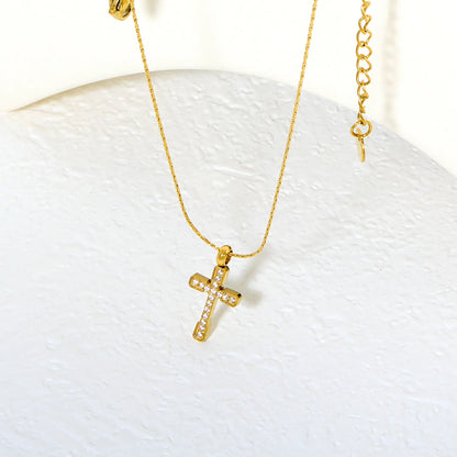 Gold Stainless Steel CNC Zirconia Cross Necklace