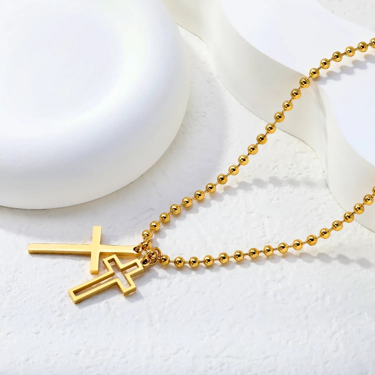 layered double cross pendant ball chain necklace