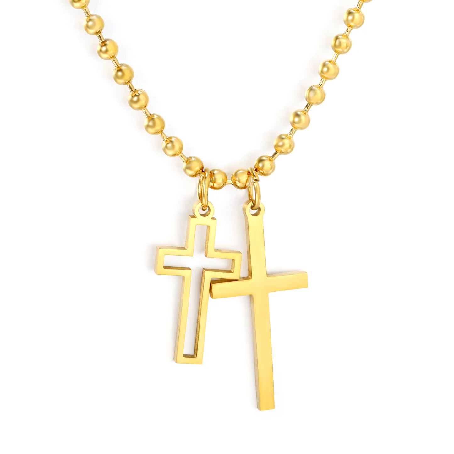 layered double cross pendant ball chain necklace