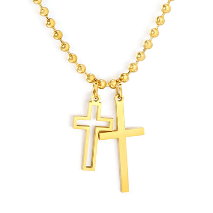 Layered Double Cross Pendant Ball Chain Necklace