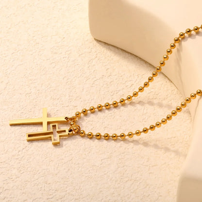 Layered Double Cross Pendant Ball Chain Necklace