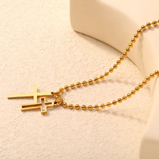 Layered Double Cross Pendant Ball Chain Necklace