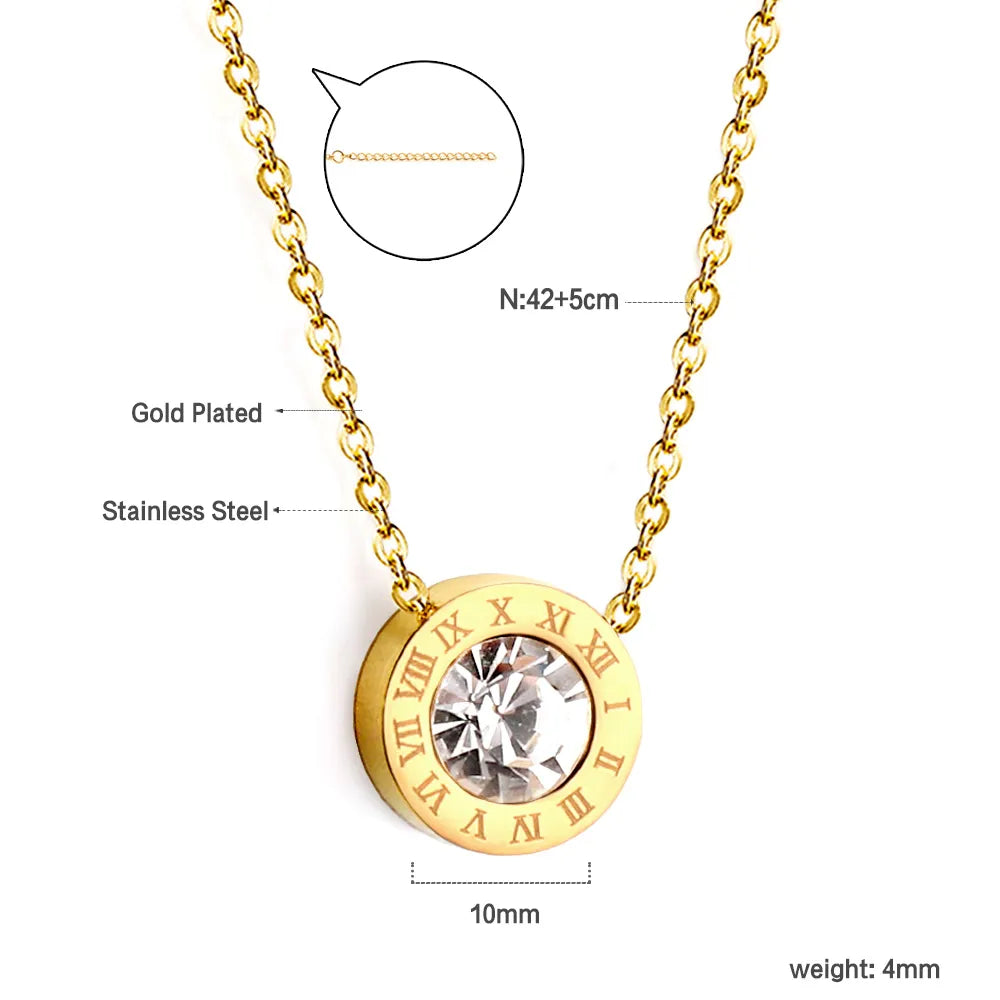 18k gold plated stainless steel roman numeral cz round pendant necklace