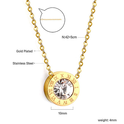 18K Gold Plated Stainless Steel Roman Numeral CZ Round Pendant Necklace