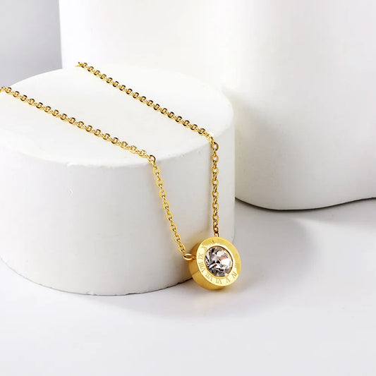 18K Gold Plated Stainless Steel Roman Numeral CZ Round Pendant Necklace