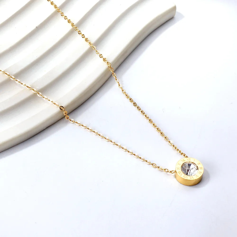 18k gold plated stainless steel roman numeral cz round pendant necklace