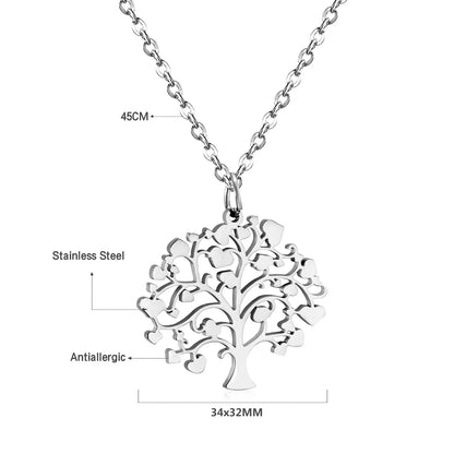 Silver Stainless Steel | Heart‑Leaf Tree of Life Pendant Necklace