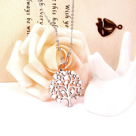 Silver Stainless Steel | Heart‑Leaf Tree of Life Pendant Necklace