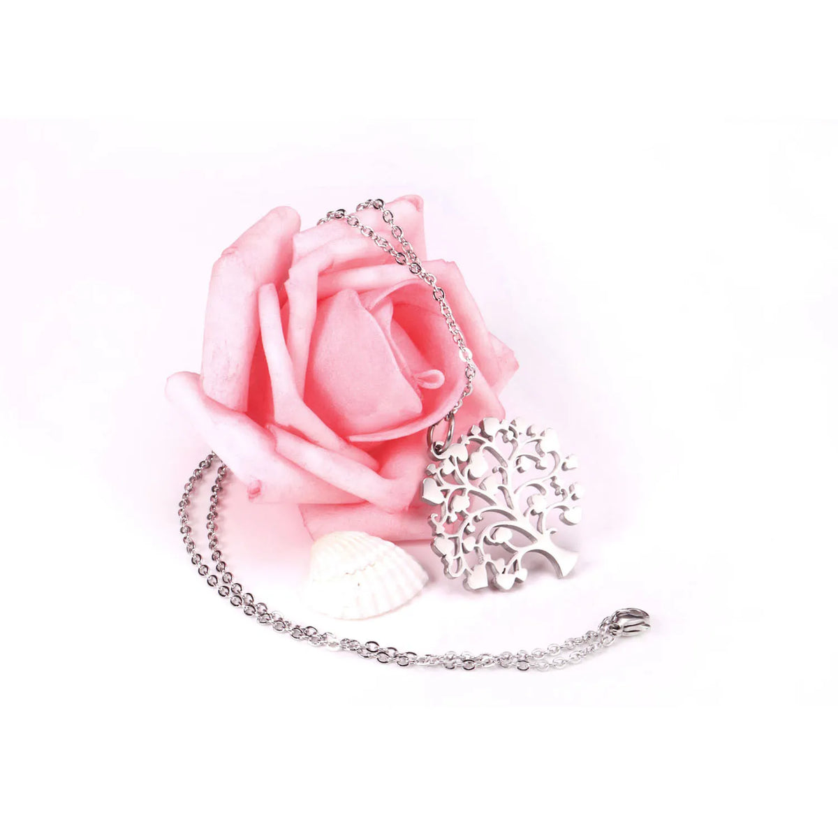silver stainless steel | heart‑leaf tree of life pendant necklace