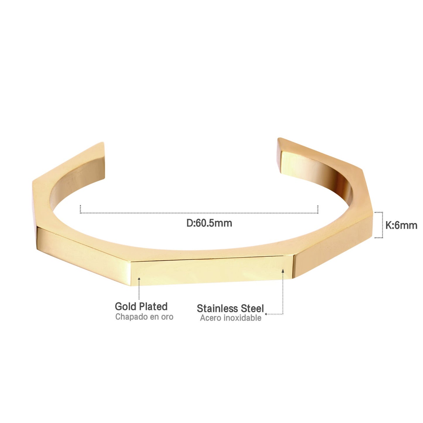 gold-tone steel with an angular face on an open-end rigid bracelet.