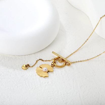 Irregular Lotus Leaf with Pearl OT Clasp 45cm Gold-plated Necklace