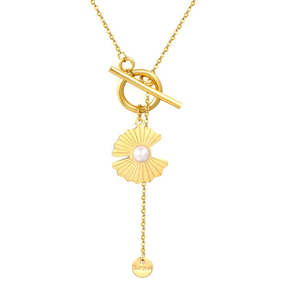 Irregular Lotus Leaf with Pearl OT Clasp 45cm Gold-plated Necklace