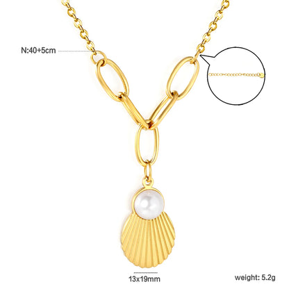 18k gold 13x19mm Shell & 10mm Pearl Pendant Necklace